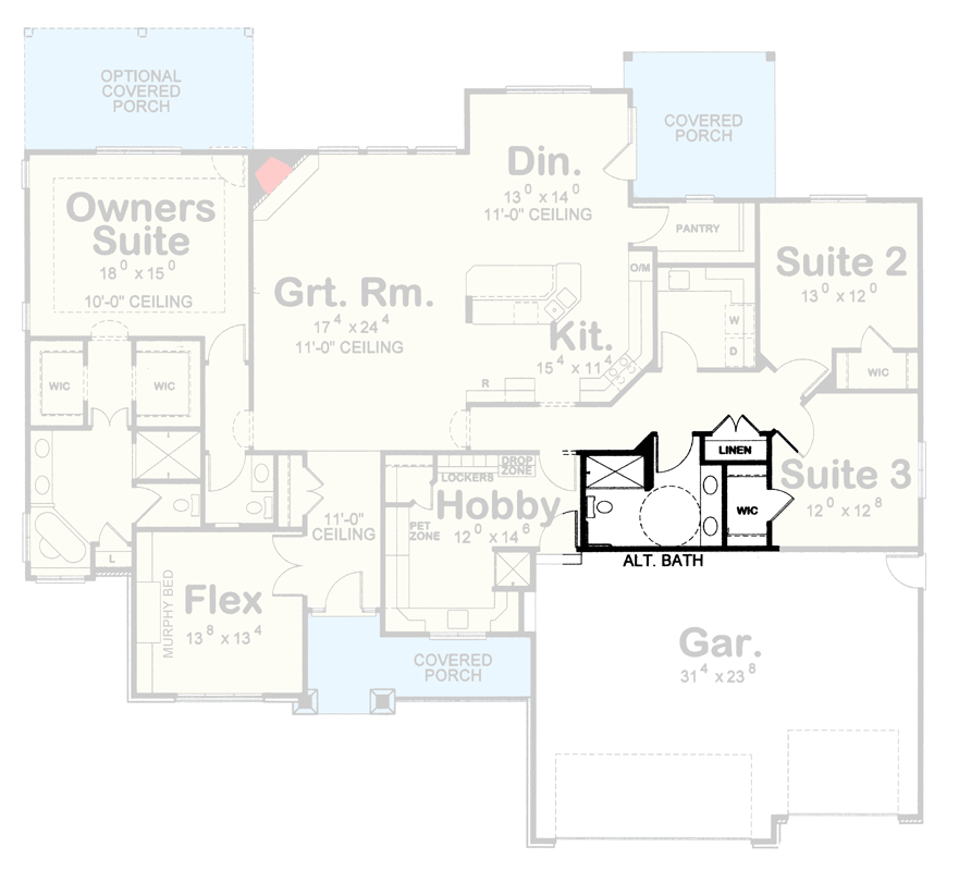 Plan 42765DB: Modern Craftsman House Plan with 3-Car Garage and Split Bedrooms - Floor Plan - Alternate Bathroom - Craftsman, Modern Farmhouse, Ranch, Traditional