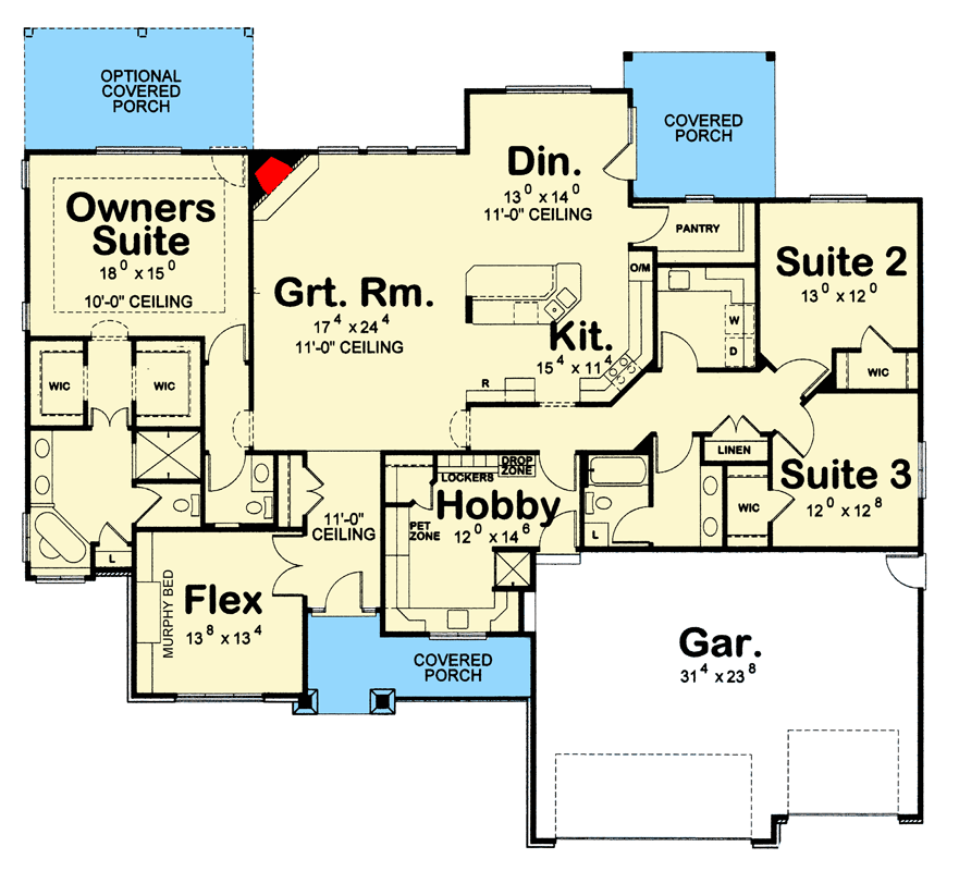 Plan 42765DB: Modern Craftsman House Plan with 3-Car Garage and Split Bedrooms - Floor Plan - Main Level - Craftsman, Modern Farmhouse, Ranch, Traditional