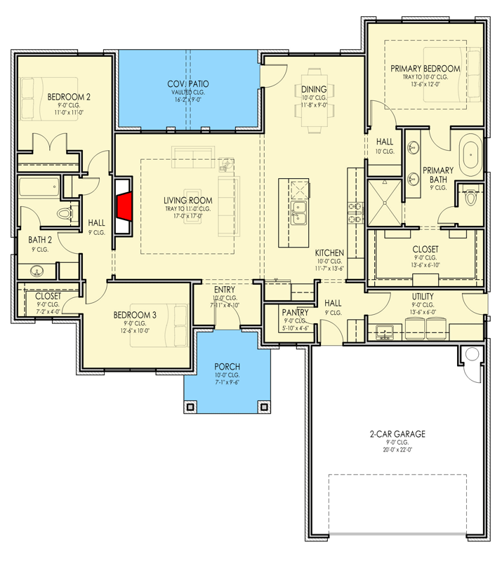Plan 880015HLN: European Ranch House Plan with 3 Bedrooms and 1,847 Square Feet - Floor Plan - Image #5 - European, New American, Ranch, Southern, Traditional