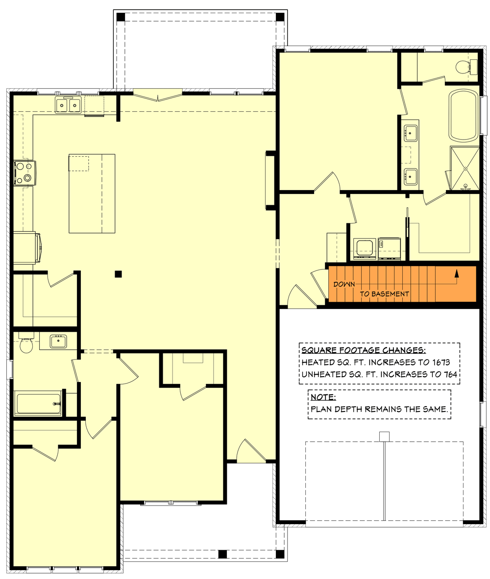 Plan 52050HZ: Modern Farmhouse Plan with 3-Beds and 2-Baths - Floor Plan - Main Level - Basement Stair Location - Country, Modern Farmhouse, New American, Ranch, Southern, Traditional