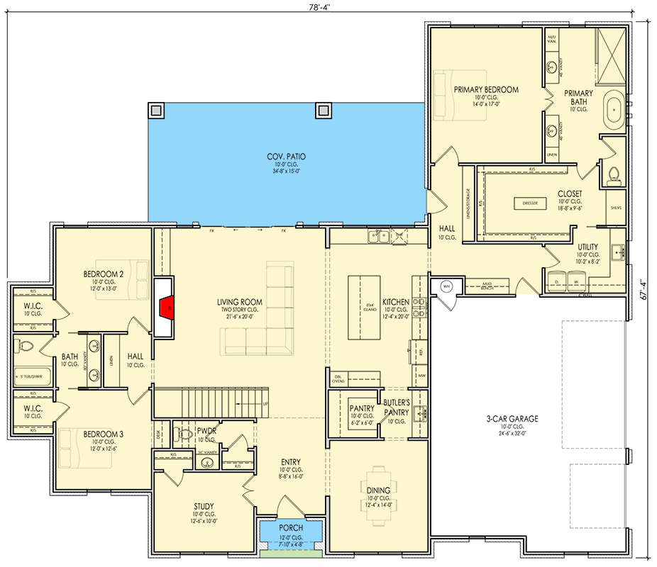 Plan 880017HLN: European French Country House Plan with 4-5 Bedrooms and Side-Entry Garage - Floor Plan - Main Level - European, French Country, Modern, Transitional