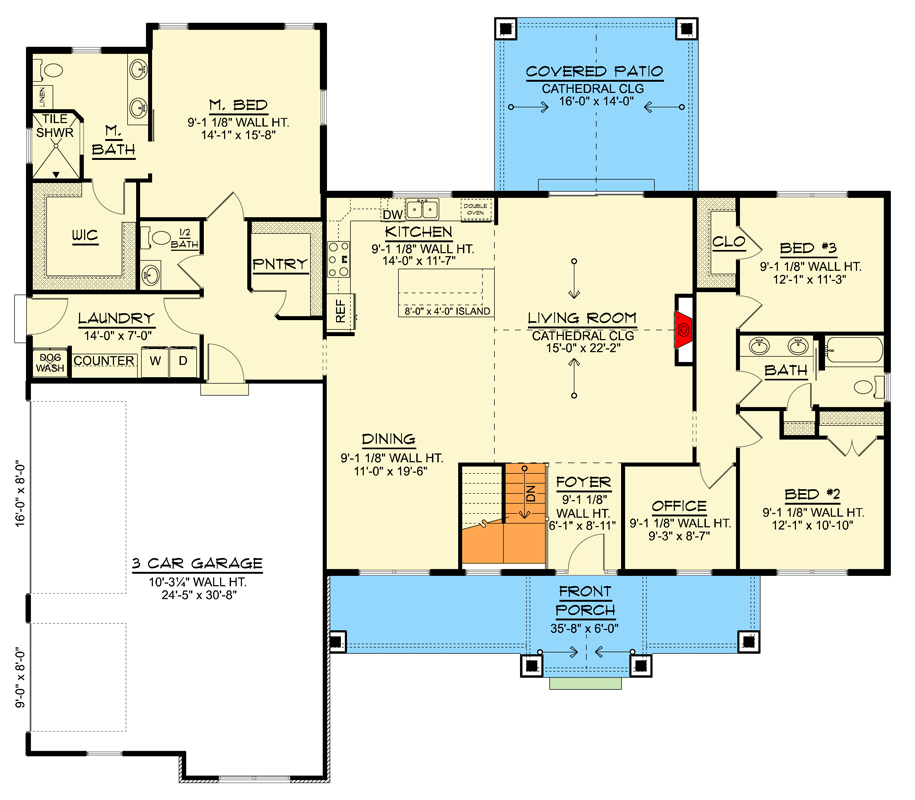 Plan 135439GRA: Modern Farmhouse Ranch House Plan with Three Bedrooms and Three-Car Garage - Floor Plan - Main Level - Country, Craftsman, Modern Farmhouse, Ranch, Traditional
