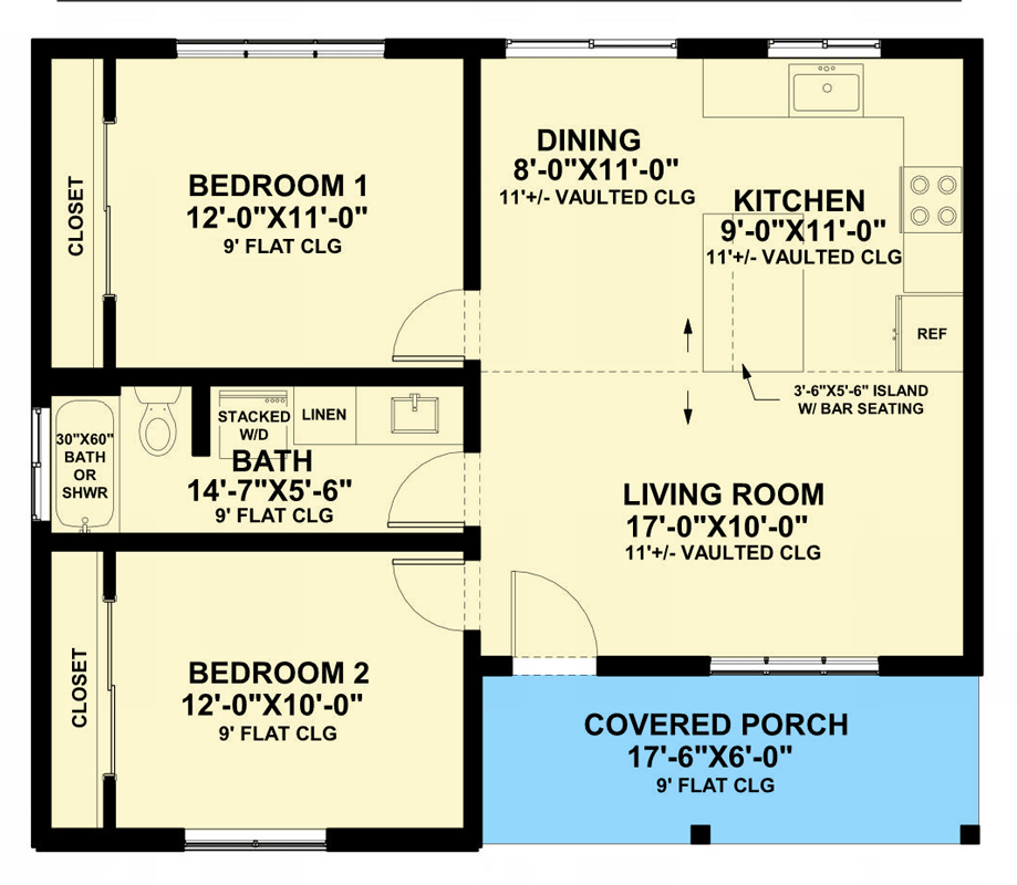 Plan 421043HFC: Cozy Two Bedroom Mountain Cottage House Plan with Vaulted Ceilings - Floor Plan - Image #6 - Cabin, Cottage, Mountain, Rustic