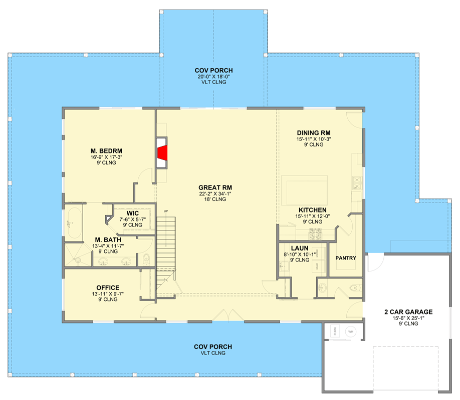 Plan 246037DLR: Rustic Mountain Barndominium House Plan with Three Bedrooms and Wraparound Porch - Floor Plan - Main Level - Barndominium, Farmhouse, Mountain, Rustic