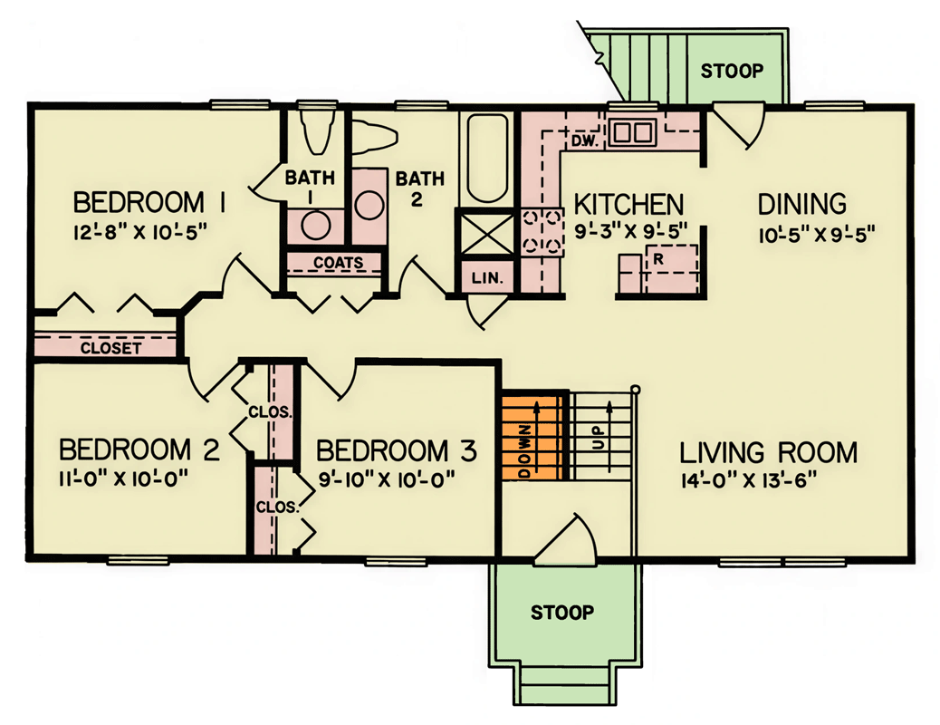 Plan 25987GE: Traditional Split-Level Three Bedroom House Plan with One Car Garage - Floor Plan - Main Level - Colonial, Traditional