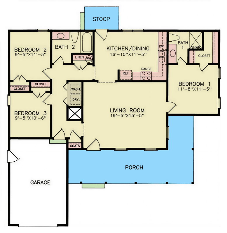 Plan 25988GE: Three-Bedroom Traditional House Plan with Covered Front Porch - Floor Plan - Image #9 - Country, Traditional