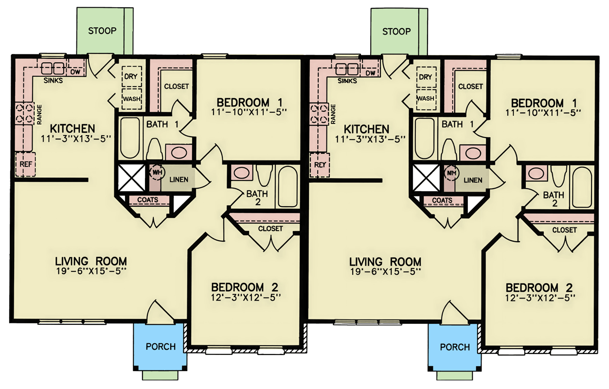 Plan 25991GE: Multifamily House Plan with Two Bedrooms and Two Baths - Floor Plan - Image #7 - Ranch, Traditional