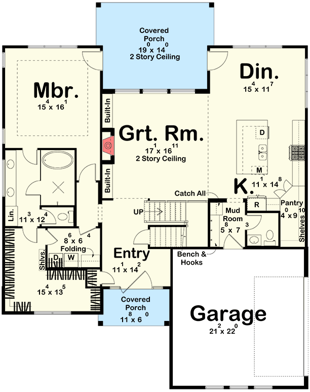 Plan 623656DJ: Elegant Mediterranean House Plan Featuring Four Bedrooms and Two Story Great Room - Floor Plan - Main Level - Slab Option - Mediterranean