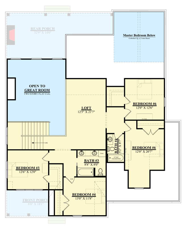 Plan 930003TLR: New American Transitional House Plan with 6 Bedrooms and Two-Story Great Room - Floor Plan - 2nd Level - Craftsman, New American, Transitional