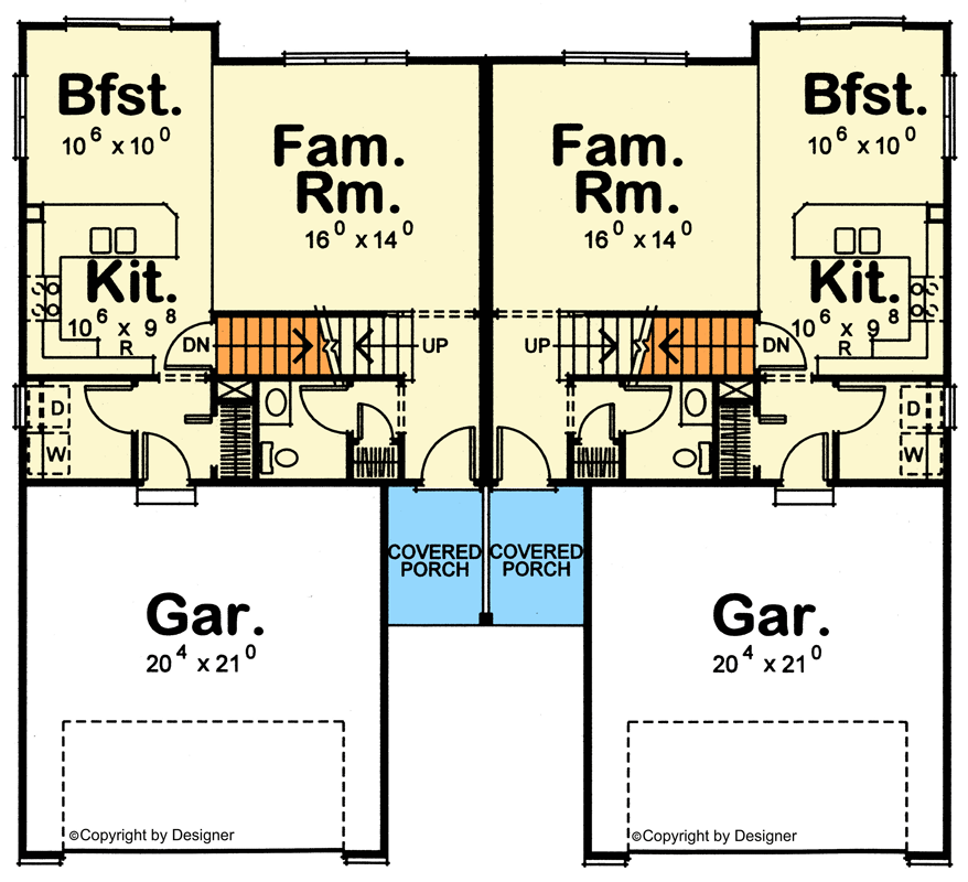 Plan 42769DB: Traditional Multifamily House Plan with Three Bedrooms and Attached Garages - Floor Plan - Main Level - Traditional