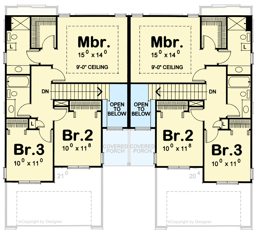 Plan 42769DB: Traditional Multifamily House Plan with Three Bedrooms and Attached Garages - Floor Plan - 2nd Level - Traditional