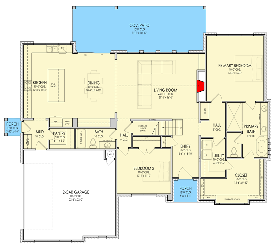 Plan 880022HLN: Modern European House Plan with 4 Bedrooms and Spacious Rear Porch - Floor Plan - Main Level - European, New American, Traditional, Tudor