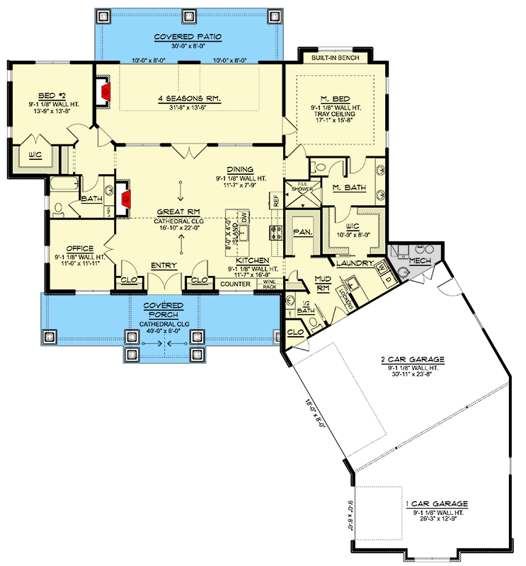 Plan 135450GRA: New American Ranch House Plan with 3-Car Garage and Sunroom - Floor Plan - Image #18 - Country, Craftsman, Farmhouse, New American, Ranch