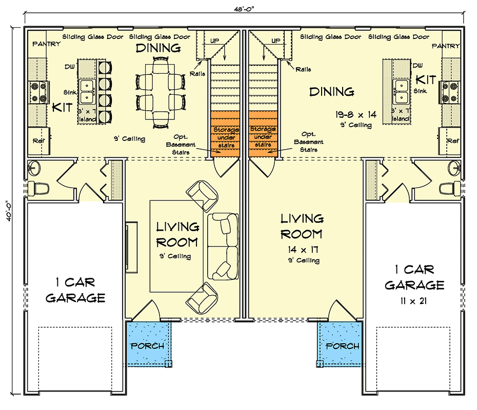 Plan 52566WM: Traditional Three Bedroom Duplex House Plan with Private Garages - Floor Plan - Image #23 - Traditional