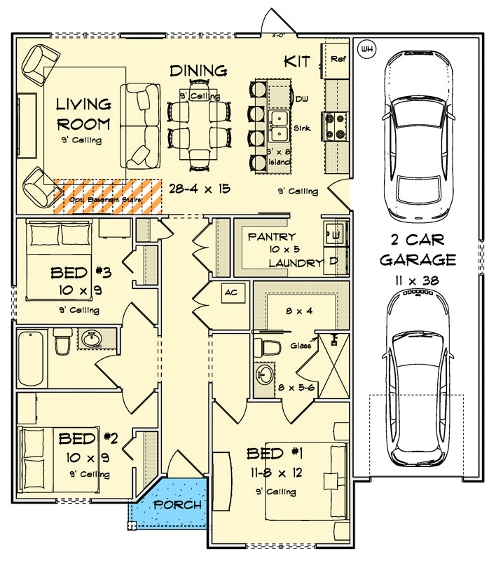Plan 52571WM: Three Bedroom Cottage House Plan with Attached Two Car Garage - Floor Plan - Image #18 - Cottage, Country, Ranch