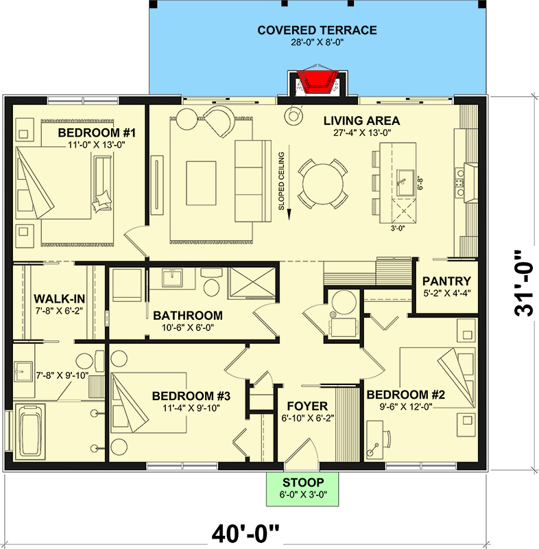 Plan 22752DR: Modern Cabin House Plan with 3 Bedrooms and 1,240 Square Feet - Floor Plan - Image #6 - Cabin, Contemporary, Modern, Mountain, Vacation