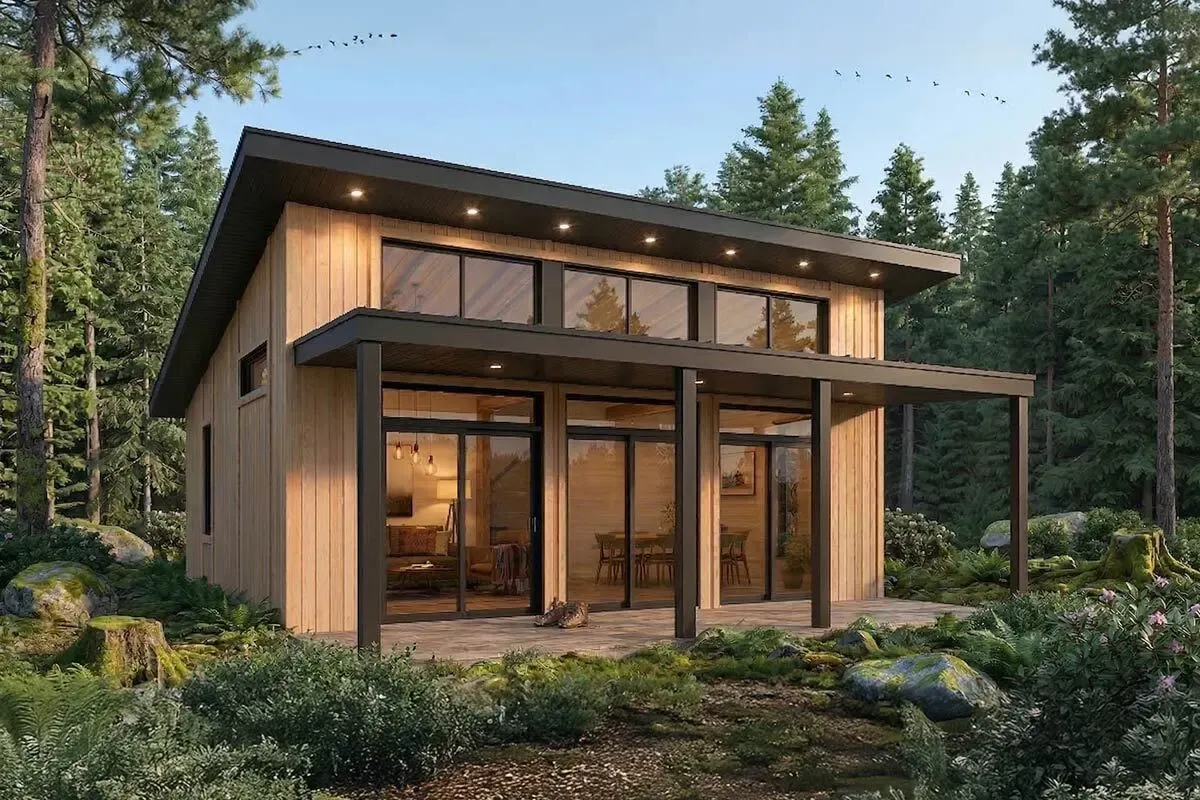 Modern Mountain Cabin House Plan with Two Bedrooms and Open Layout
