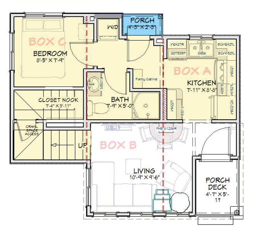 Plan 431006BOX: Boxes-Built Modern Tiny House Plan with Two Bedrooms and Loft - Floor Plan - Main Level - Contemporary, Modern, Mountain, Transitional, Vacation
