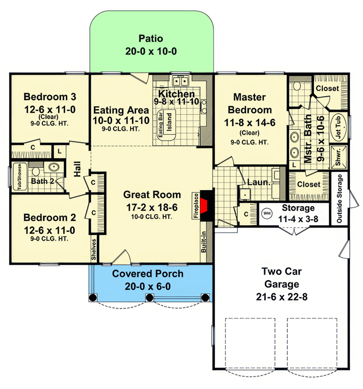 Plan 51388MM: Country Cottage House Plan with Three Bedrooms and Two Baths - Floor Plan - Image #3 - Cottage, Country, Ranch, Traditional