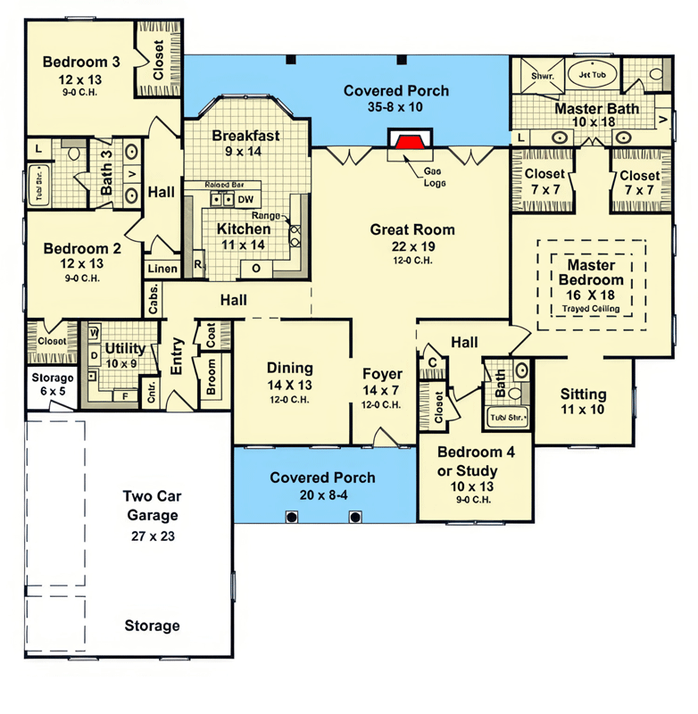 Plan 51391MM: Country Ranch House Plan with Four Bedrooms and Side-Entry Garage - Floor Plan - Main Level - Country, Ranch, Traditional