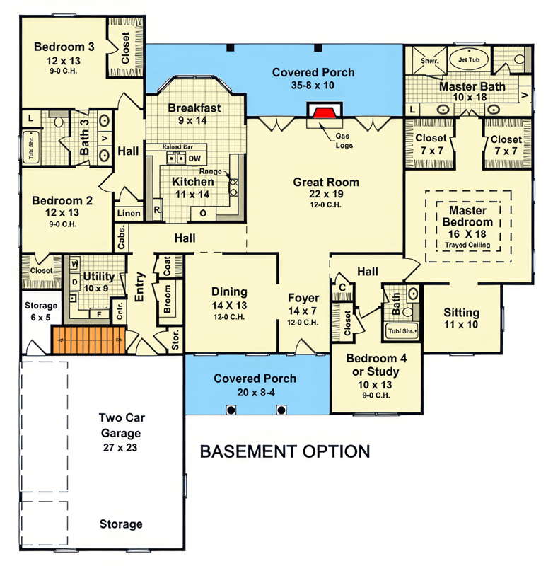 Plan 51391MM: Country Ranch House Plan with Four Bedrooms and Side-Entry Garage - Floor Plan - Optional Basement - Country, Ranch, Traditional
