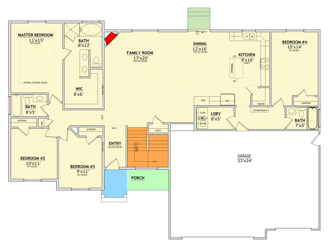 Plan 849124PGE: Craftsman Inspired Four Bedroom House Plan with Three Car Garage - Floor Plan - Main Level - Country, Craftsman, Farmhouse, New American, Traditional