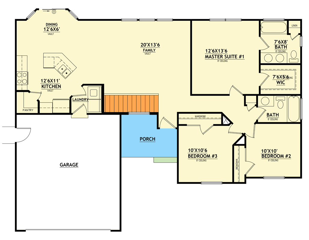 Plan 849131PGE: Three Bedroom Traditional House Plan with Two Car Garage - Floor Plan - Main Level - Country, Ranch, Traditional