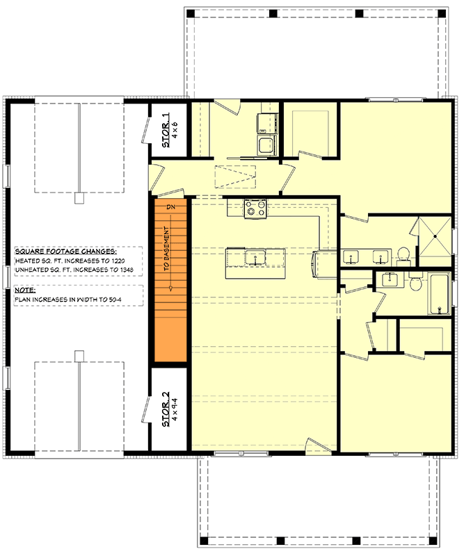 Plan 52053HZ: Charming Two-Bedroom Barndominium House Plan with Attached Tandem Garage - Floor Plan - Main Level - Basement Stairs Location - Barndominium, Country, Southern