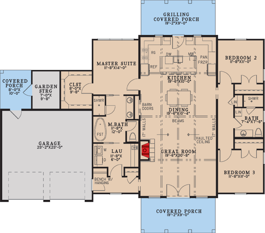 Plan 70982MK: Charming Three Bedroom Farmhouse House Plan with Attached Two Car Garage - Floor Plan - Image #2 - Barndominium, Farmhouse
