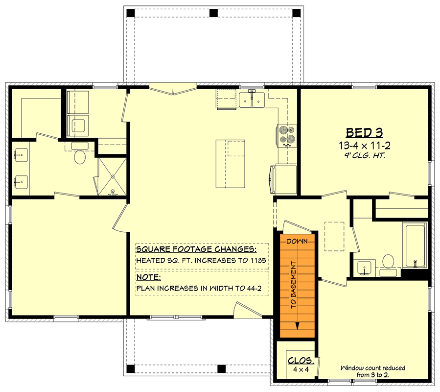 Plan 52054HZ: Charming 1,128 Square Foot Modern Farmhouse House Plan with Three Bedrooms - Floor Plan - Basement Stairs Location - Country, Modern Farmhouse, Traditional