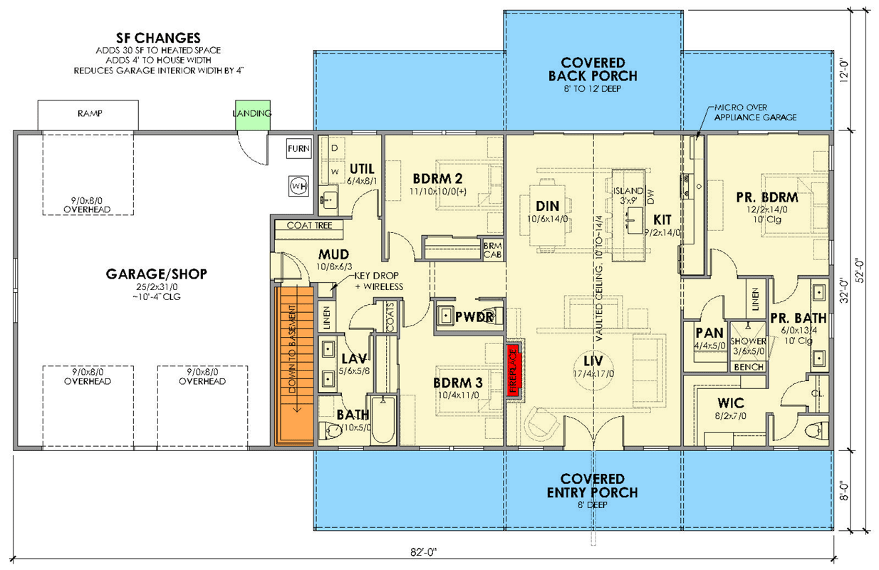 Plan 470321REY: 3-Bedroom Modern Farmhouse Ranch Home Plan with Drive-Thru Garage - Floor Plan - Main Level w/ Basement Stairs  - Barndominium, Country, Craftsman, Modern Farmhouse, New American, Ranch