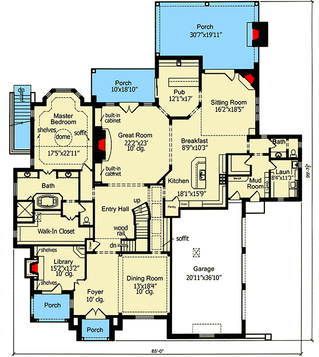 Plan 39221ST: Master Down with Great Outdoor Spaces - Floor Plan - Main Level - European, Traditional