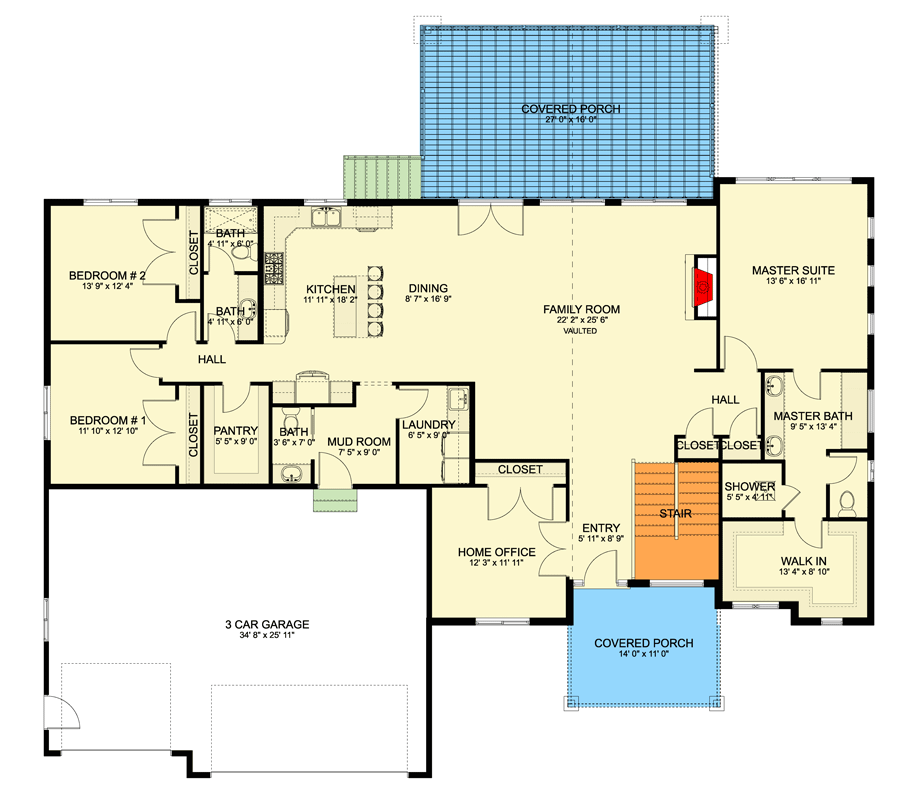 Plan 61764UT: Craftsman Ranch House Plan with 3 Bedrooms and 3-Car Garage - Floor Plan - Main Level - Craftsman, Ranch