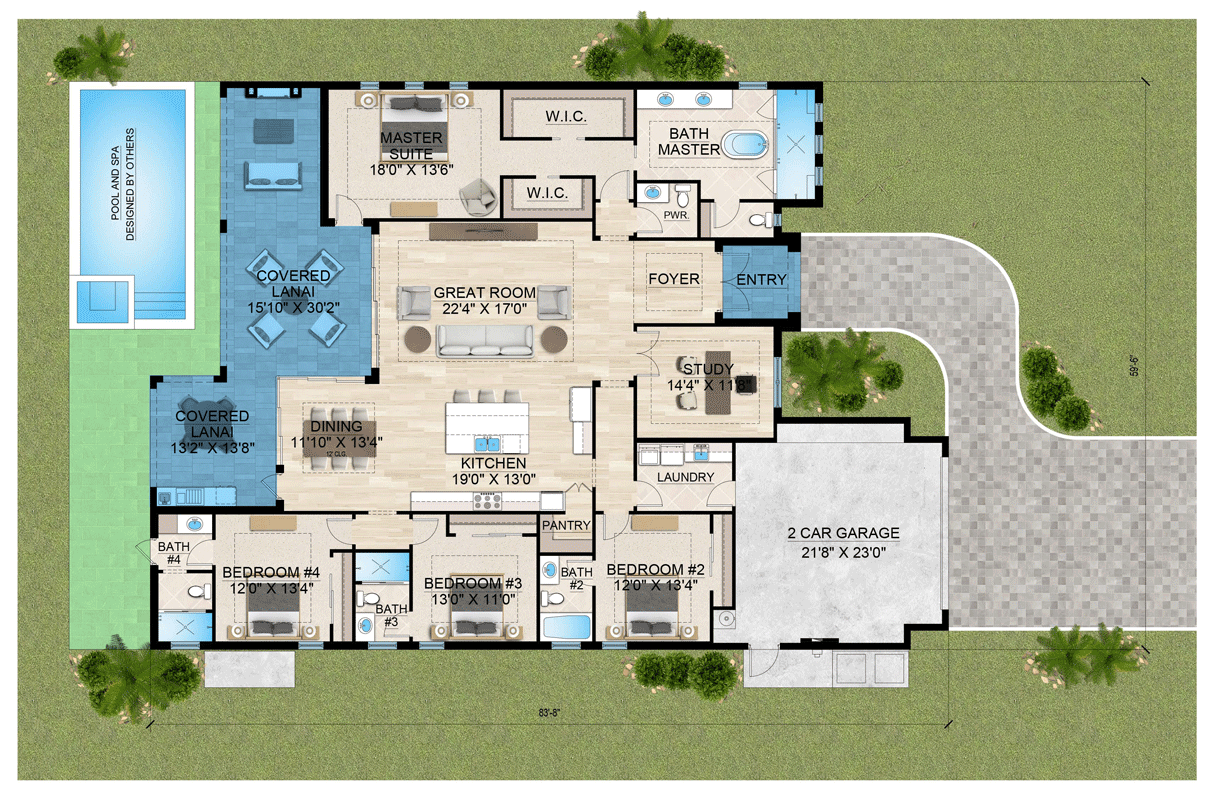 Plan 65774BS: Contemporary Florida-Style House Plan with 4 Bedrooms and 2-Car Garage - Floor Plan - Image #5 - Contemporary, Florida-Style, Modern