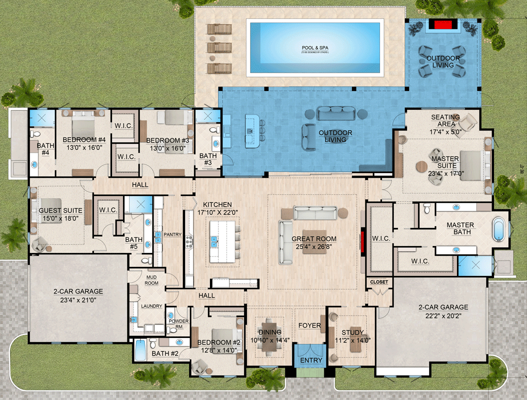 Plan 65790BS: Contemporary Florida Style House Plan with Five Bedrooms and Expansive Lanai - Floor Plan - Image #7 - Contemporary, Florida-Style
