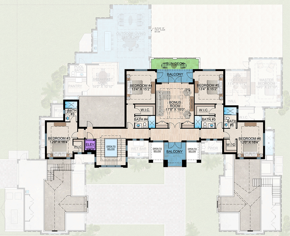 Plan 65796BS: Luxury Coastal Contemporary House Plan with 6 Bedrooms and Courtyard Garage - Floor Plan - Image #6 - Coastal, Coastal Contemporary