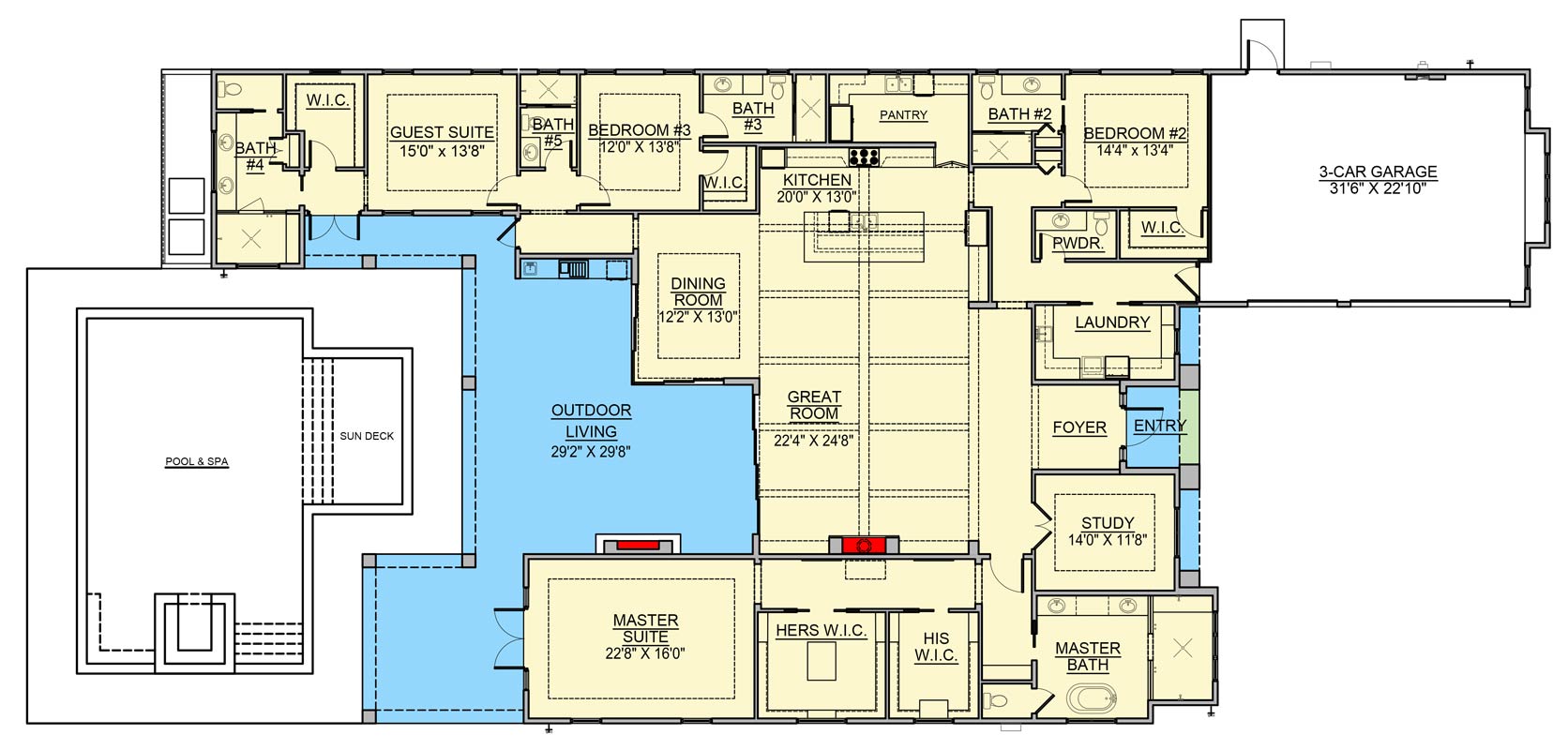 Plan 65824BS: Contemporary Four-Bedroom House Plan with Three-Car Courtyard Garage - Floor Plan - Image #6 - Contemporary, Modern
