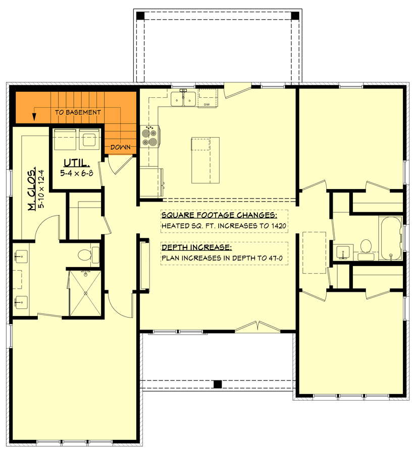 Plan 52055HZ: Efficient 3-Bed Modern Farmhouse Plan Under 1500 Sq Ft - Floor Plan - Main Level - Basement Stair Location - Modern Farmhouse, New American, Ranch, Transitional