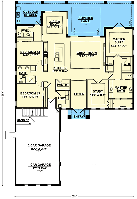 Plan 65828BS: Coastal Florida Style House Plan with 3 Bedrooms and Courtyard Entry - Floor Plan - Image #7 - Coastal, Contemporary, Florida-Style