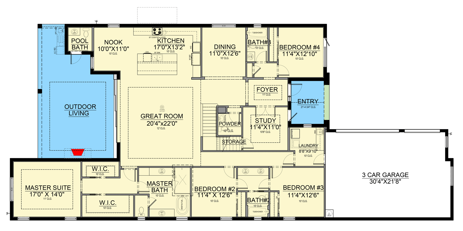 Plan 65838BS: Coastal Contemporary House Plan with Four Bedrooms and Three-Car Garage - Floor Plan - Main Level - Coastal, Coastal Contemporary, Florida-Style