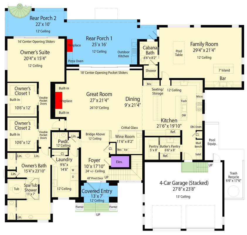 Plan 33284ZR: Coastal Contemporary House Plan with 3 Bedrooms and Rooftop Deck - Floor Plan - Main Level - Coastal Contemporary, Contemporary, Transitional