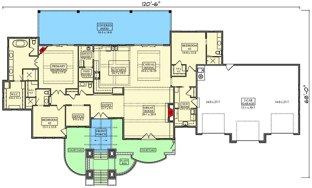 Plan 95385RW: Contemporary Mediterranean House Plan with 3 Bedrooms and Courtyard - Floor Plan - Image #3 - Contemporary, Mediterranean, Spanish
