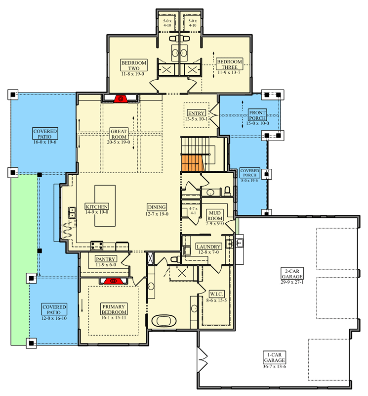 Plan 95391RW: Modern New American Farmhouse Plan with 4 Bedrooms and 3-Car Garage - Floor Plan - Main Level - Craftsman, Modern Farmhouse, New American