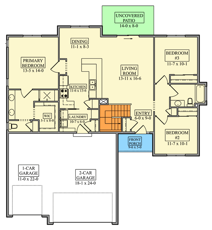 Plan 95393RW: Craftsman Ranch House Plan with Three Bedrooms and Two-Car Garage - Floor Plan - Main Level - Craftsman, Mountain, New American, Ranch