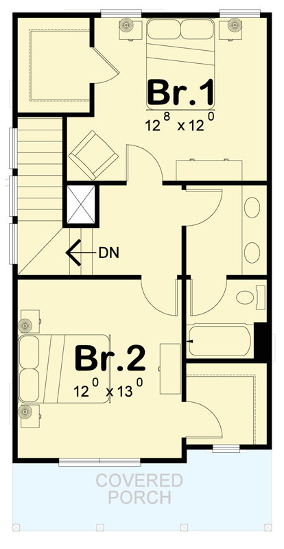 Plan 42778DB: Narrow Three Bedroom Modern Farmhouse House Plan with Efficient Layout - Floor Plan - 2nd Level - Cabin, Cottage, Farmhouse, Modern Farmhouse, New American