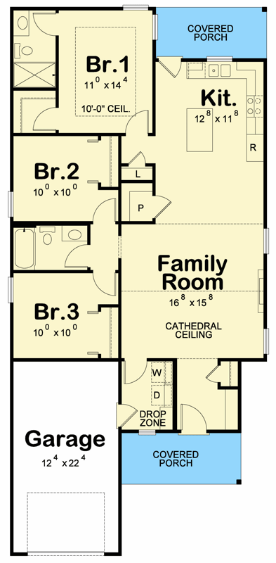 Plan 42780DB: Three Bedroom Craftsman House Plan with One Car Garage - Floor Plan - Image #7 - Country, Craftsman, Modern Farmhouse