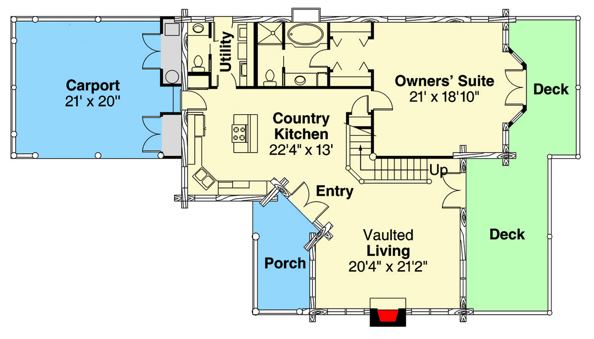 Plan 720200DA: Rustic Log Cabin House Plan with Two-Story Great Room - Floor Plan - Image #5 - Cabin, Log Cabin, Rustic, Vacation