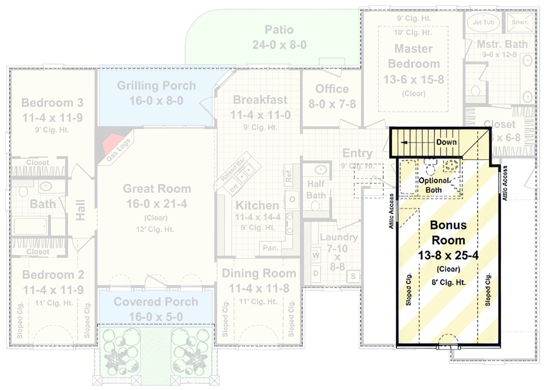 Plan 51399MM: European Ranch House Plan with 3 Bedrooms and Optional Bonus Room - Floor Plan - Optionally Finished Bonus - European, Ranch, Traditional
