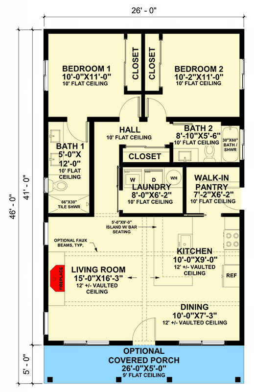 Plan 420204WNT: Cozy Mountain Cabin House Plan with Two Bedrooms and Vaulted Ceilings - Floor Plan - Image #6 - Cabin, Mountain, Rustic