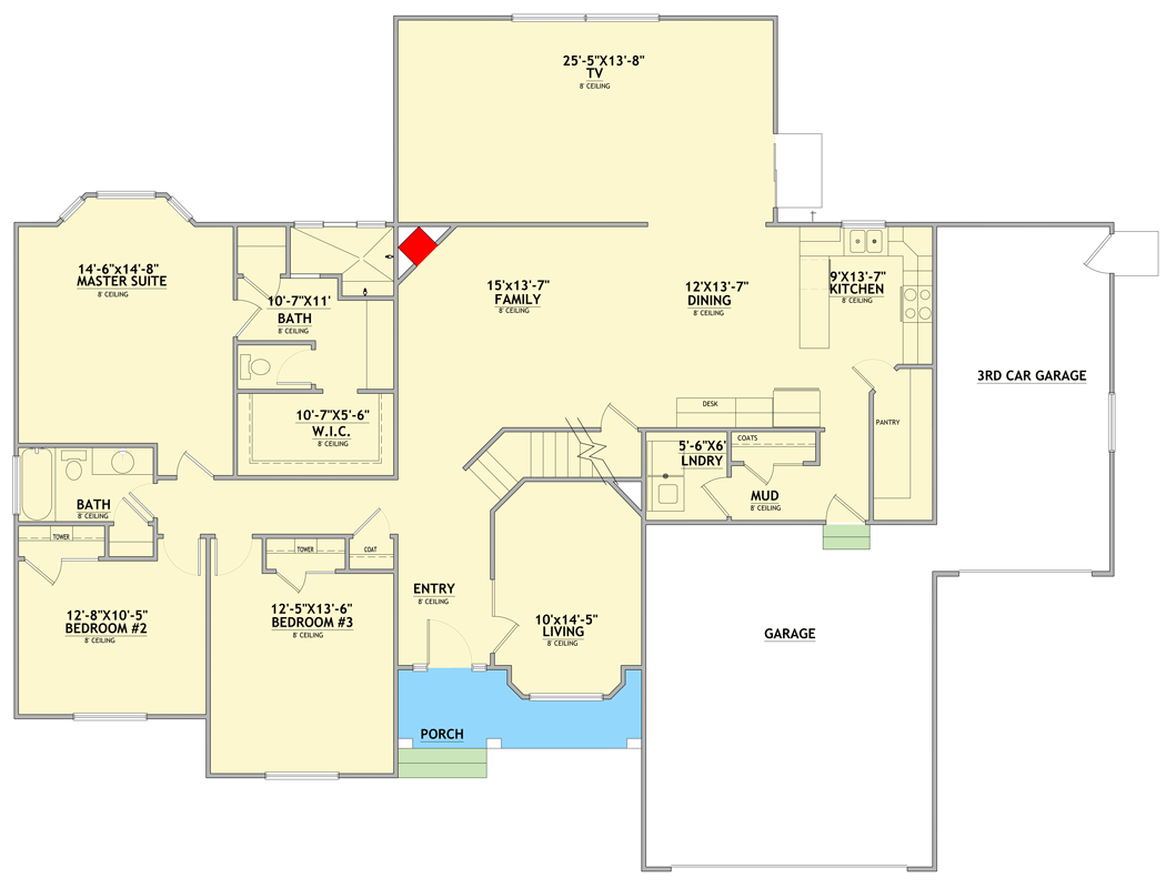 Plan 849170PGE: Traditional Five Bedroom House Plan with Three Car Garage - Floor Plan - Main Level - Craftsman, Mountain, New American, Traditional